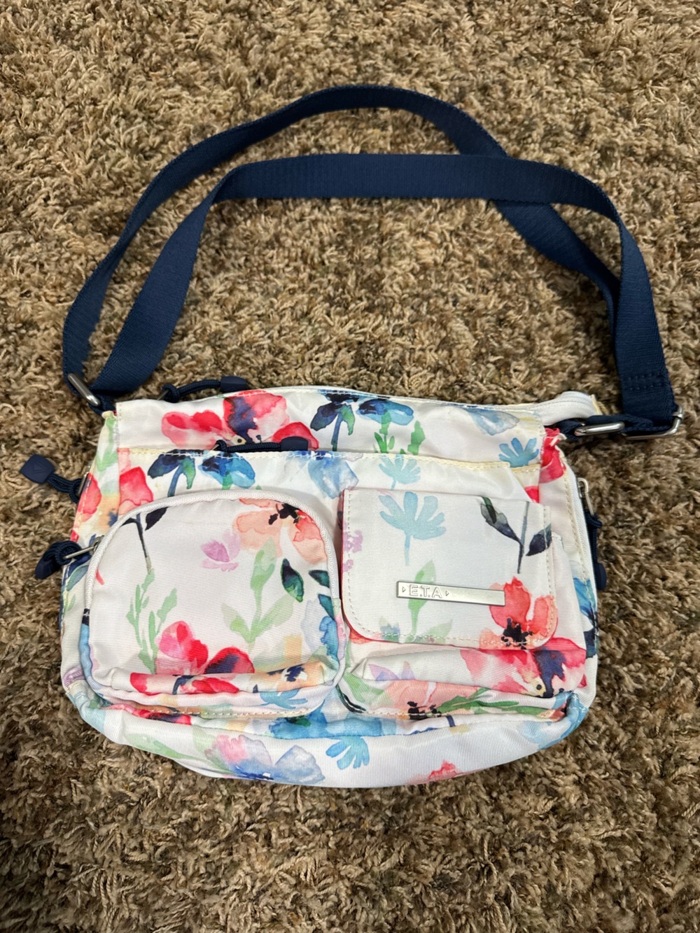 ETA Floral Canvas Crossbody Bag with Navy Strap matching mirror and wallet